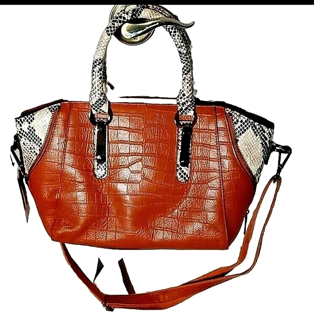 Genuine Leather Reptile Embossed Handbag Snake Accents - Picture 2 of 10